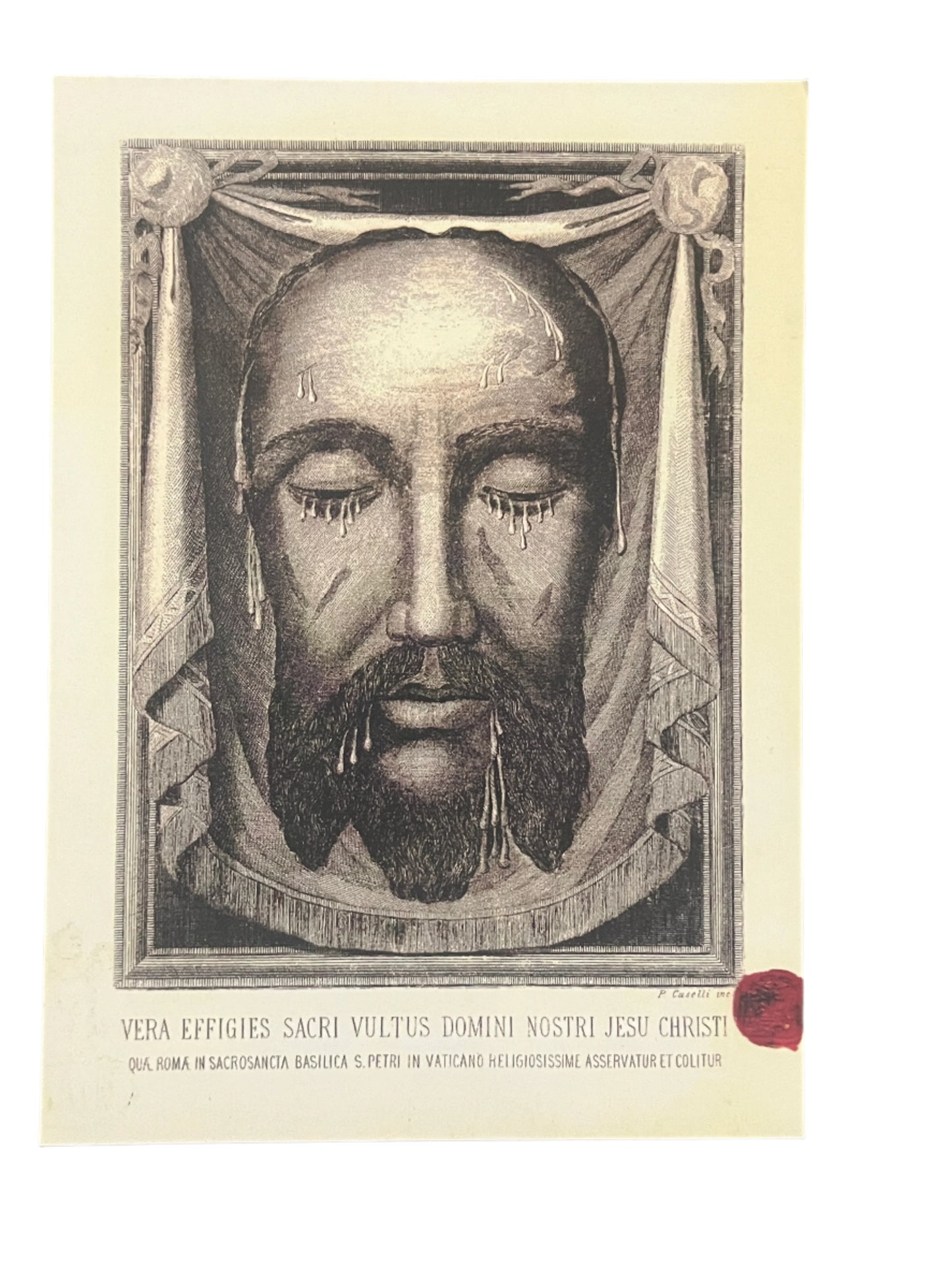 5x7 print of Holy Face of Jesus from original 1905 relic of Pope St. Pius X with sepia tones and Latin text