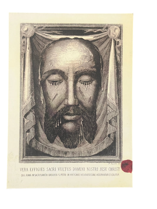 5x7 print of Holy Face of Jesus from original 1905 relic of Pope St. Pius X with sepia tones and Latin text