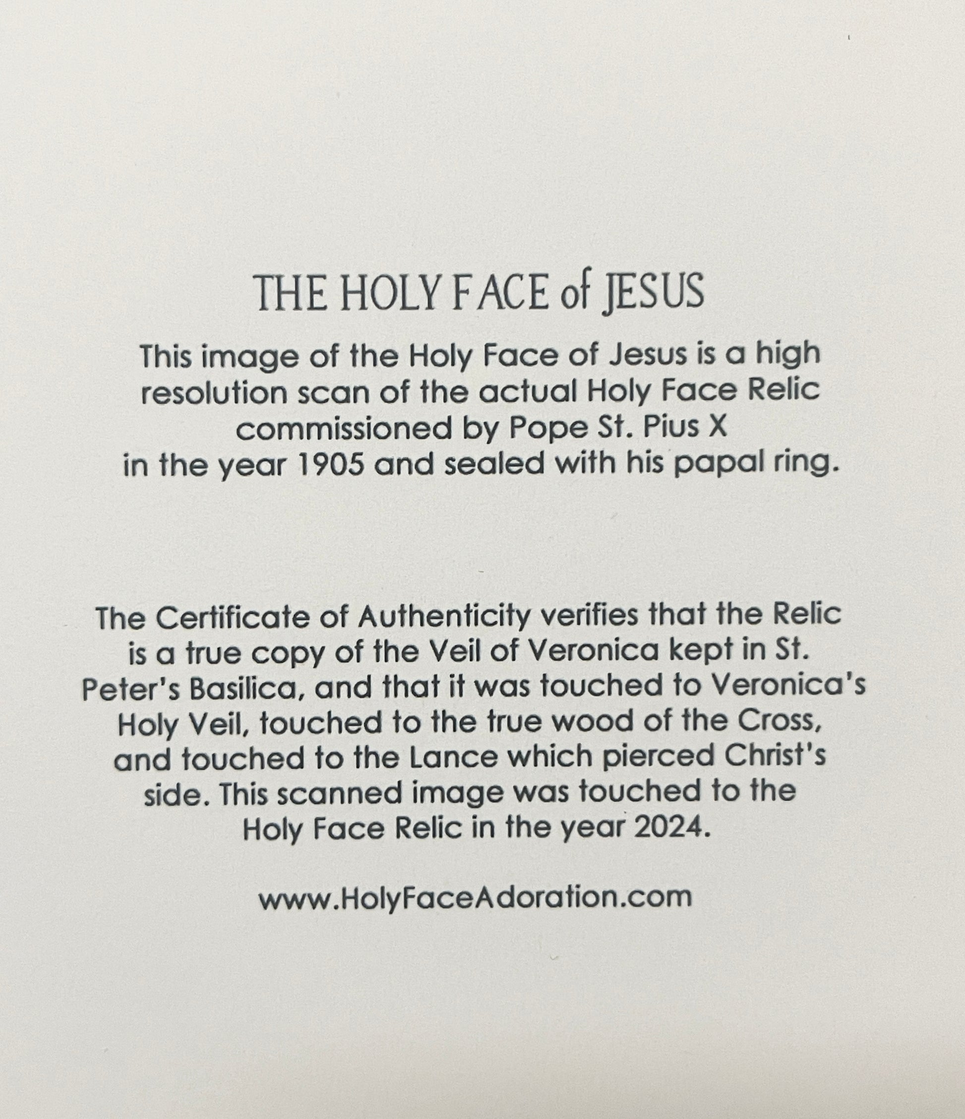 Certificate of authenticity text describing Holy Face of Jesus relic scan from 1905 commissioned by Pope St. Pius X