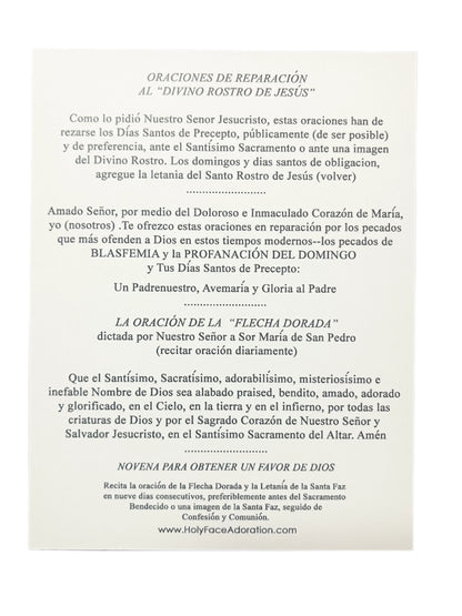 Prayer card with Spanish text for devotion to the Holy Face of Jesus, 5 1/2" x 4 1/4" printed in full color