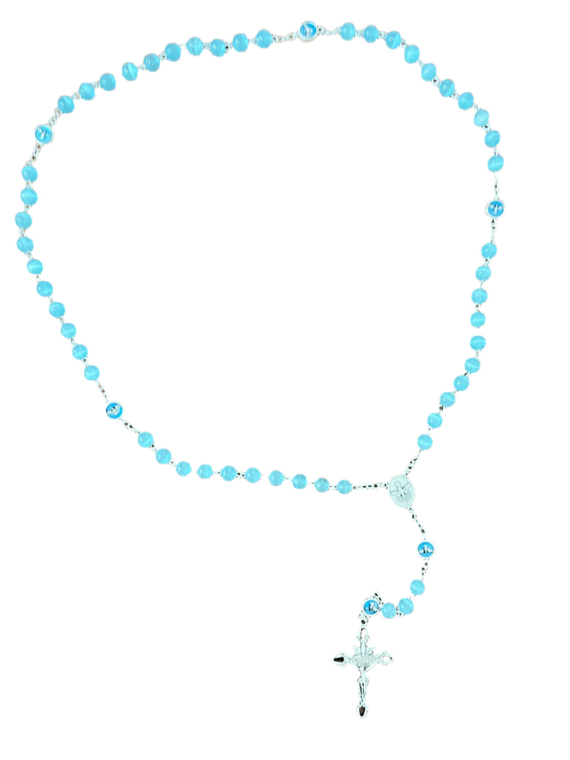 Blue Tiger's Eye rosary beads with silver Holy Spirit cross and centerpiece, handcrafted from Fatima, 7mm beads