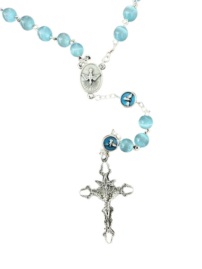 Blue Tiger's Eye rosary with silver Holy Spirit medallion and detailed crucifix on white background