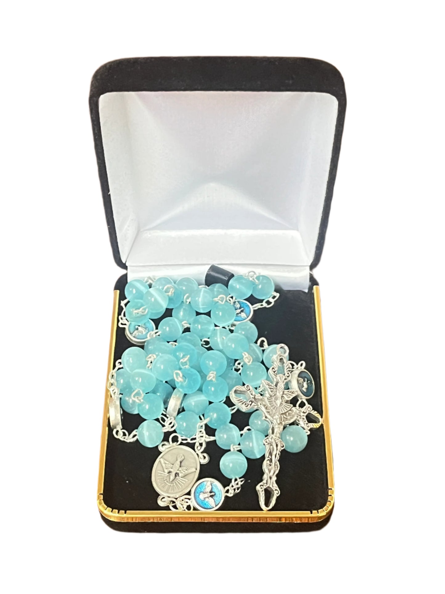 Blue Tiger's Eye Holy Spirit rosary with silver crucifix and medallions in black velvet gift box