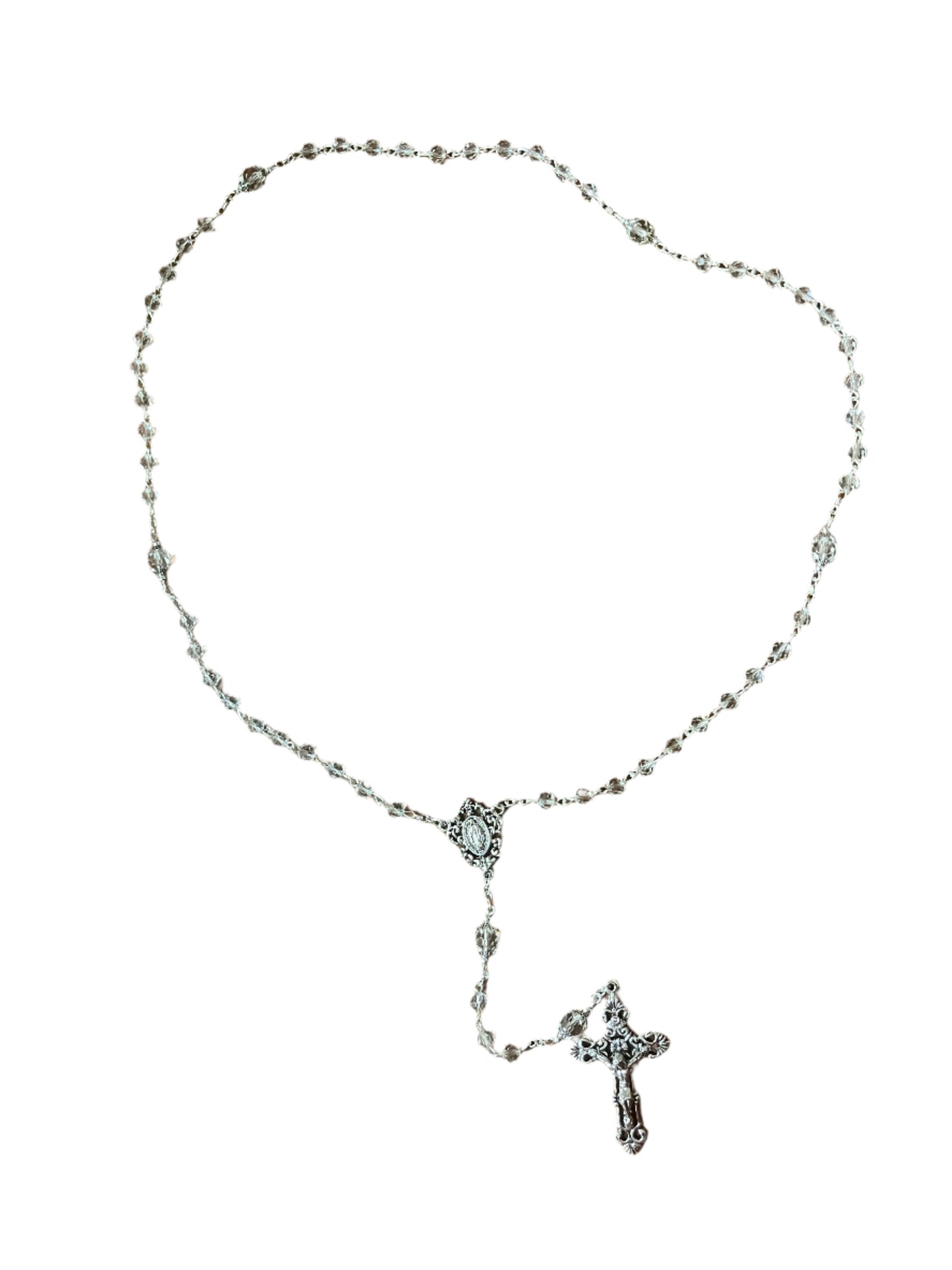 Clear crystal Our Lady of Grace rosary with silver caps, 6mm and 8mm beads, featuring detailed cross and centerpiece