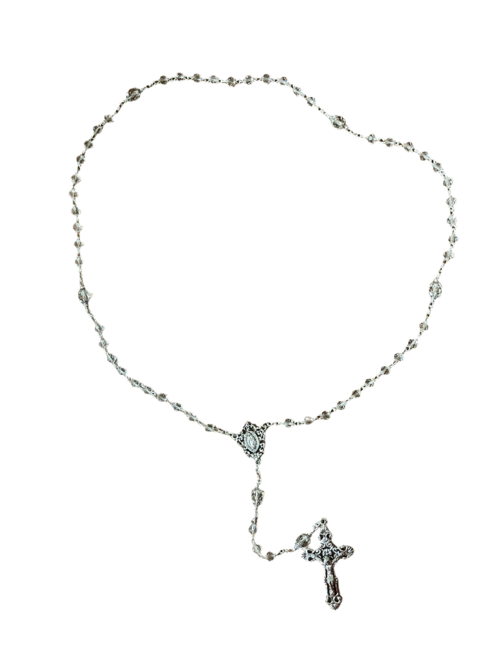 Clear crystal Our Lady of Grace rosary with silver caps, 6mm and 8mm beads, featuring detailed cross and centerpiece