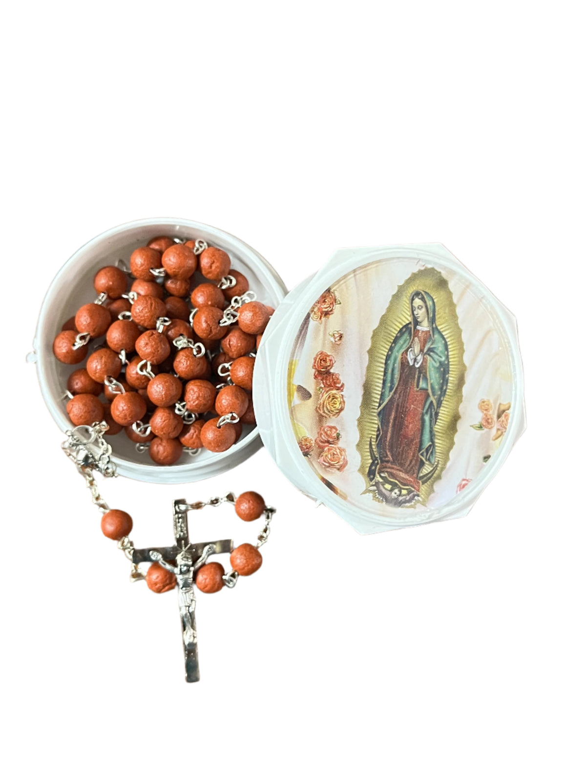 Round white box with Our Lady of Guadalupe image holding a rosary made of real rose petals and silver crucifix inside