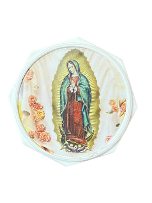 Round white box lid with image of Our Lady of Guadalupe surrounded by roses on soft beige background