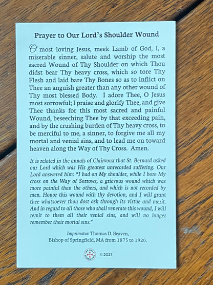 Our Lord's Shoulder Wound Holy Card with prayer text and imprimatur from Bishop Thomas D. Beaven on blue matte cardstock