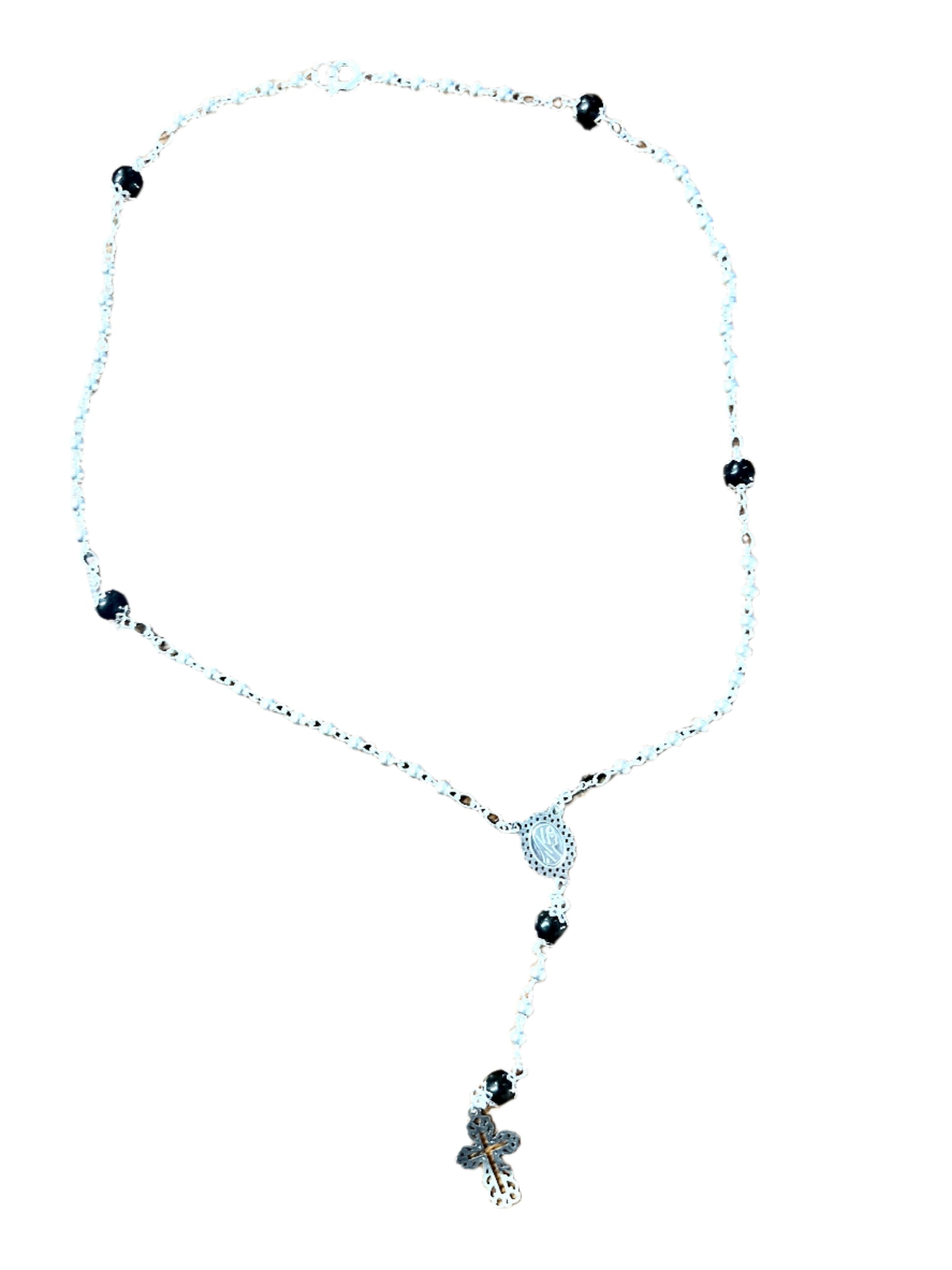 Silver and black 3mm rosary necklace with silver centerpiece and cross on white background