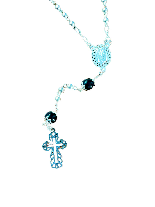 3mm silver and black rosary necklace with detailed cross and centerpiece on white background
