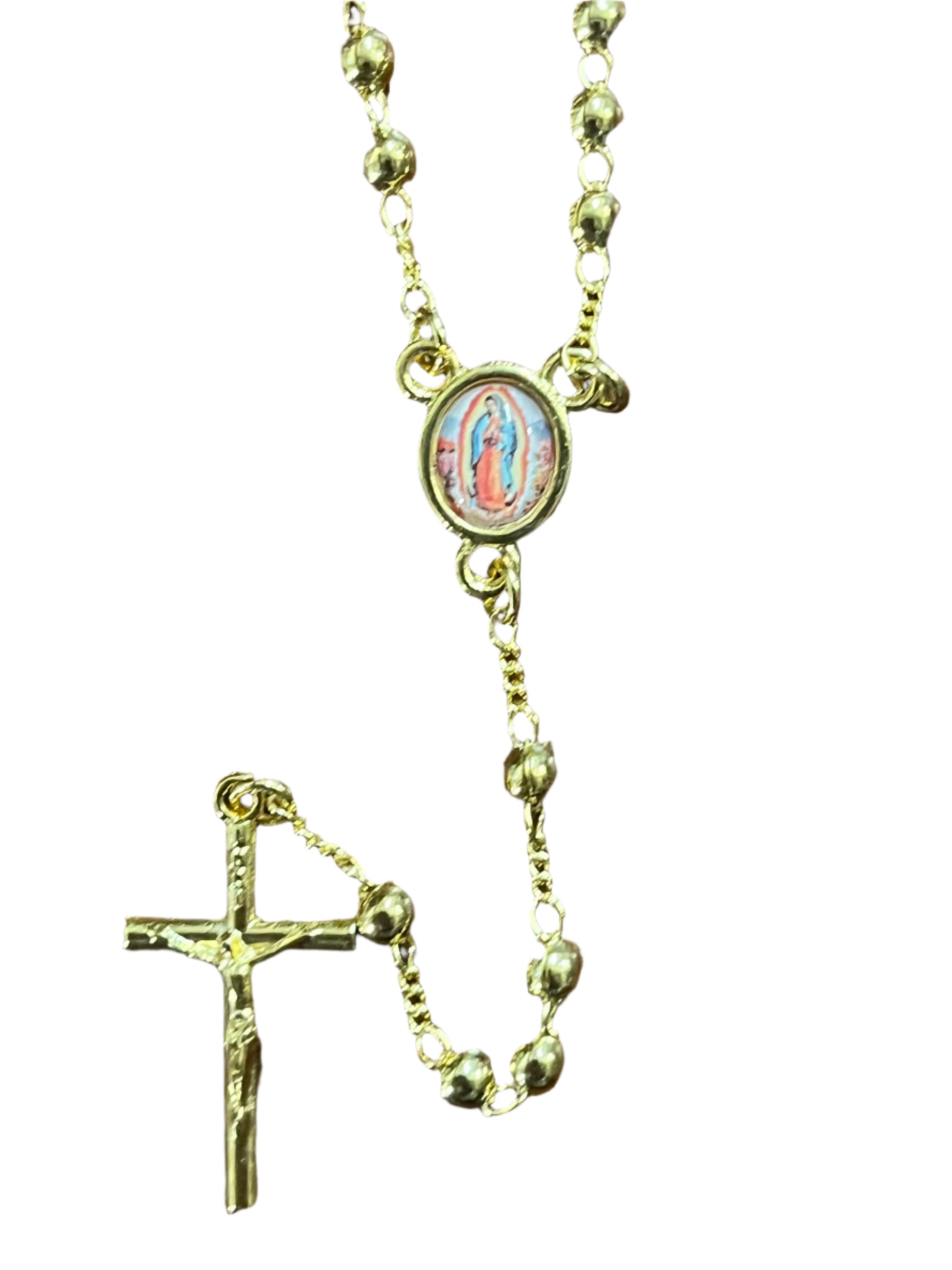 Gold plated 4 mm beaded rosary necklace with Our Lady of Guadalupe centerpiece and crucifix pendant on white background