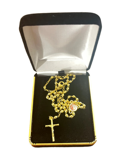 Gold plated Our Lady of Guadalupe rosary necklace with 4 mm beads and crucifix in black cushioned jewelry box