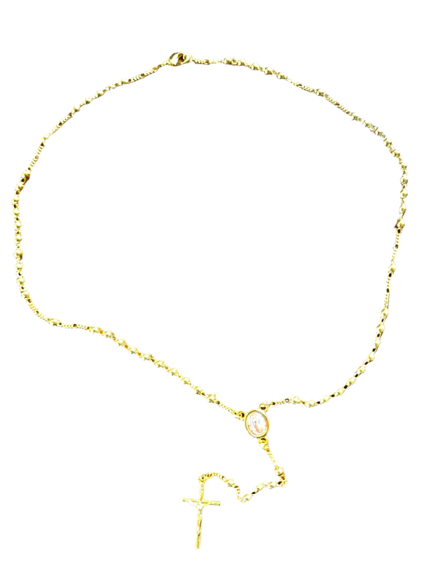 Gold plated 4 mm Our Lady of Guadalupe rosary necklace with crucifix and oval centerpiece on white background