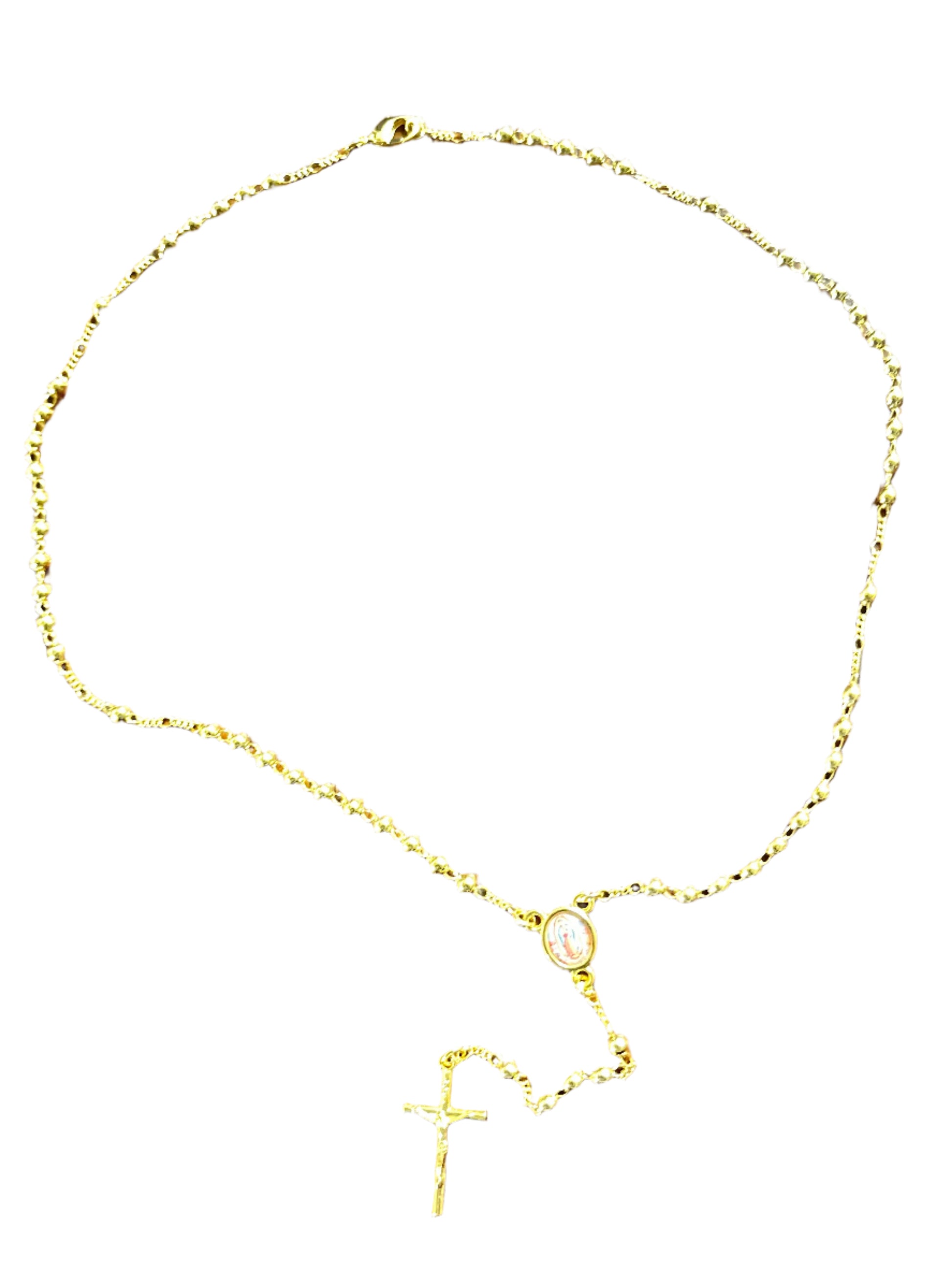 Gold plated 4 mm Our Lady of Guadalupe rosary necklace with crucifix and oval centerpiece on white background