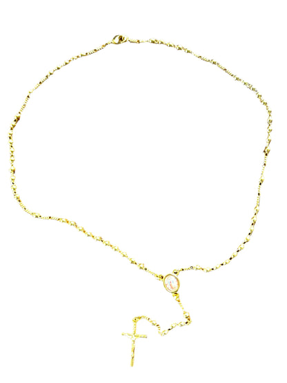 Gold plated 4 mm Our Lady of Guadalupe rosary necklace with crucifix and oval centerpiece on white background