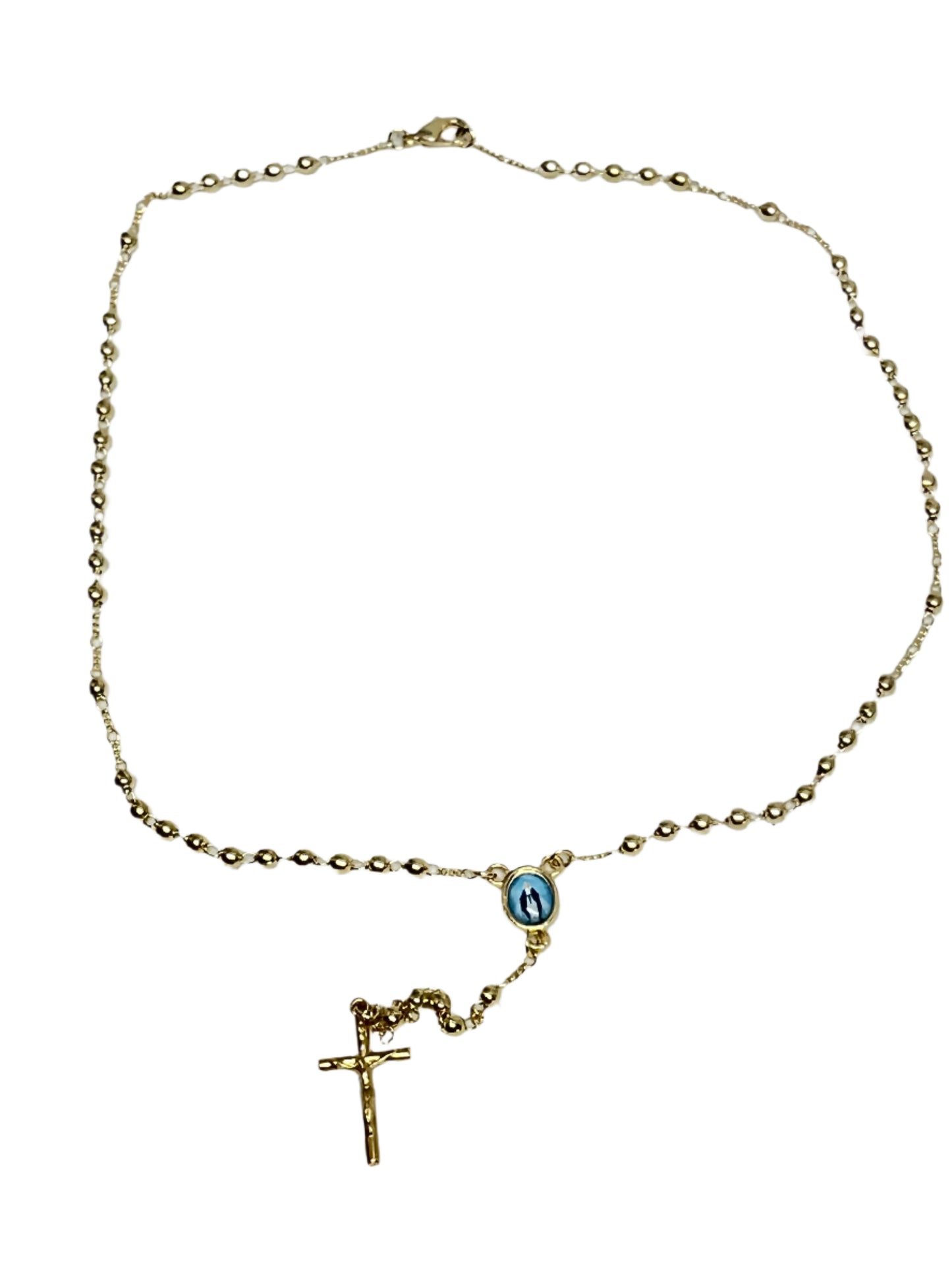 Gold-plated Our Lady of Grace rosary necklace with delicate beads, blue pendant center, and small crucifix charm