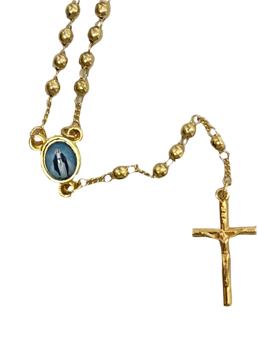 Gold-plated rosary necklace with Our Lady of Grace pendant and detailed crucifix on delicate bead chain on white background