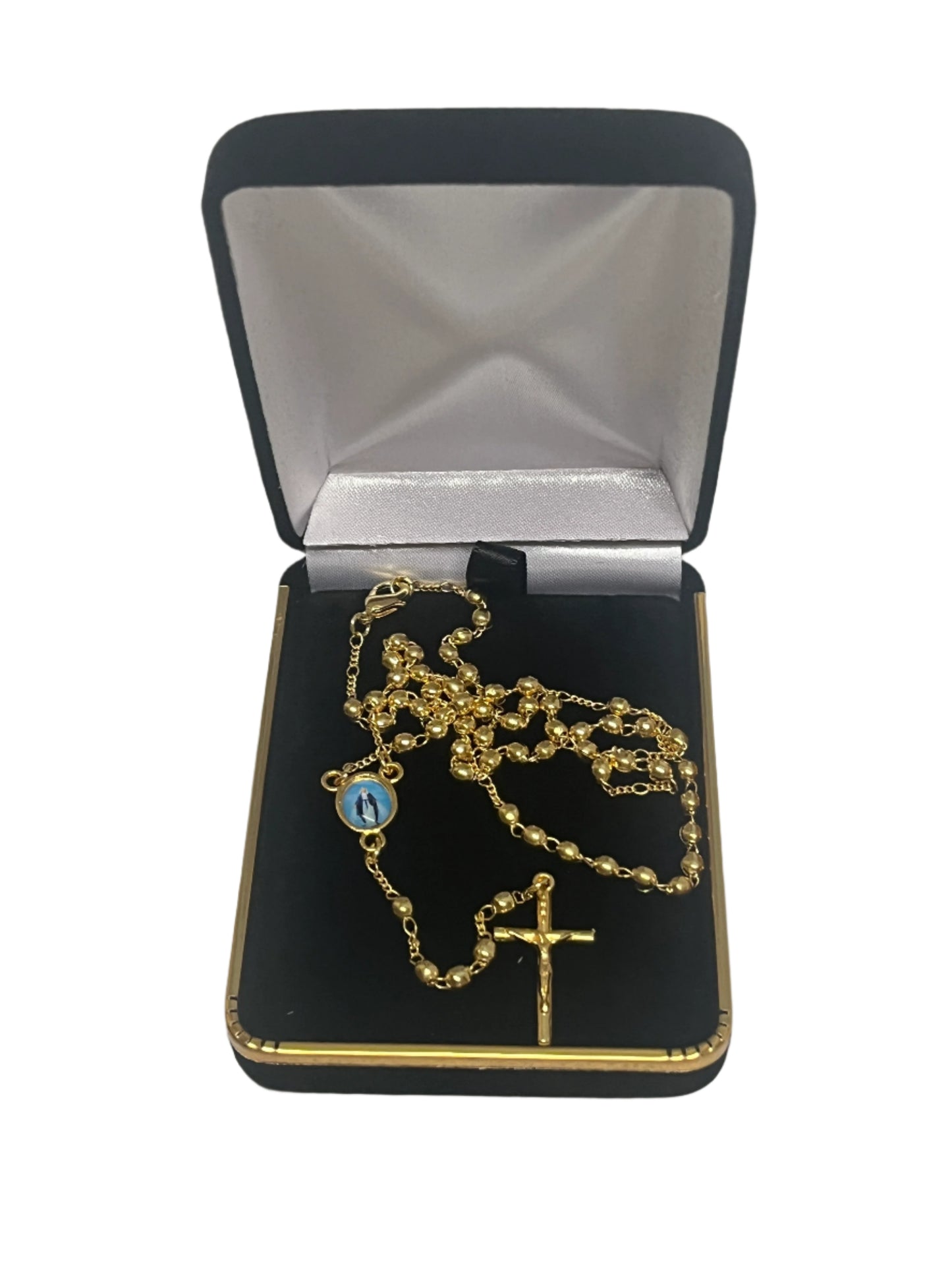 Gold-plated Our Lady of Grace rosary necklace with delicate chain and crucifix in black velvet gift box