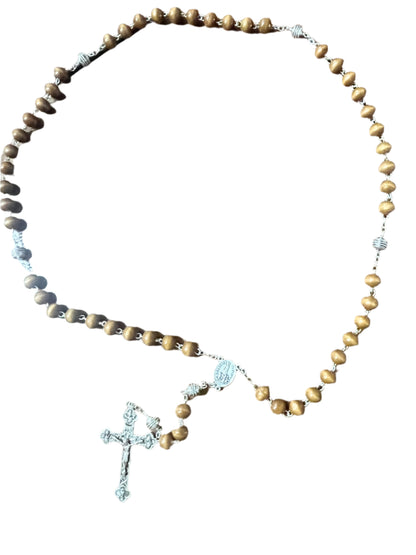 Fatima rosary with 10mm brown wooden beads, silver Our Father beads, centerpiece, and detailed crucifix