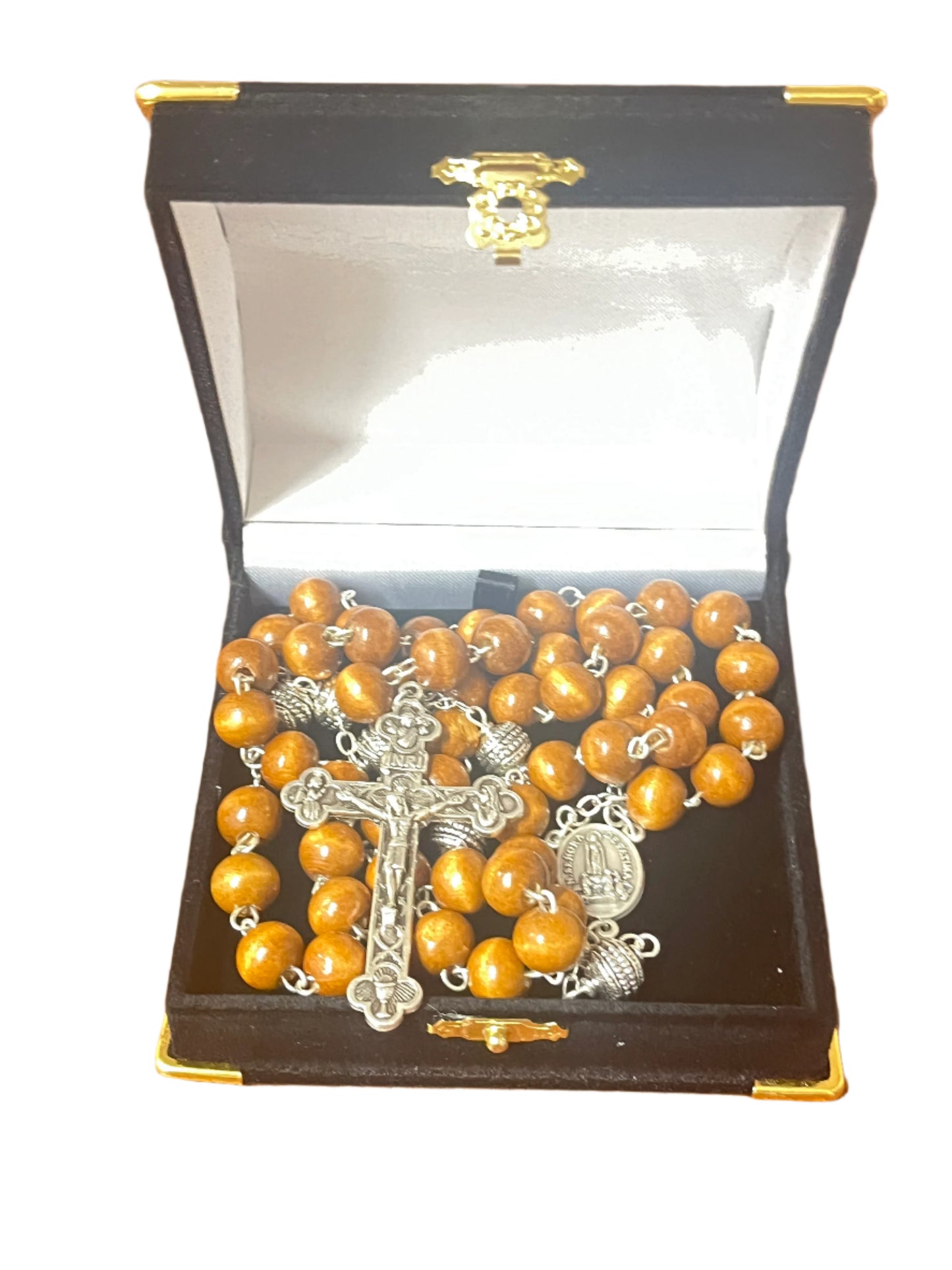 Fatima rosary with 10mm brown wooden beads, silver crucifix and centerpiece in black velvet box with gold trim