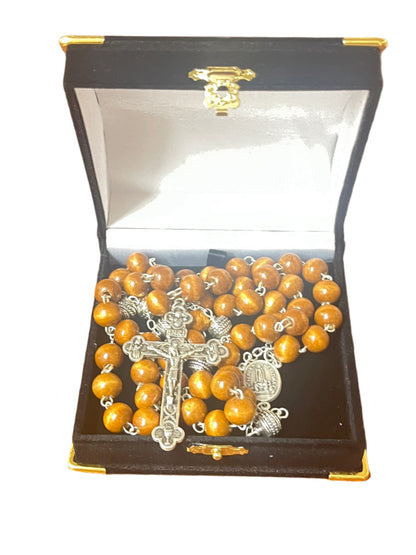 Fatima rosary with 10mm brown wooden beads, silver crucifix and centerpiece in black velvet box with gold trim