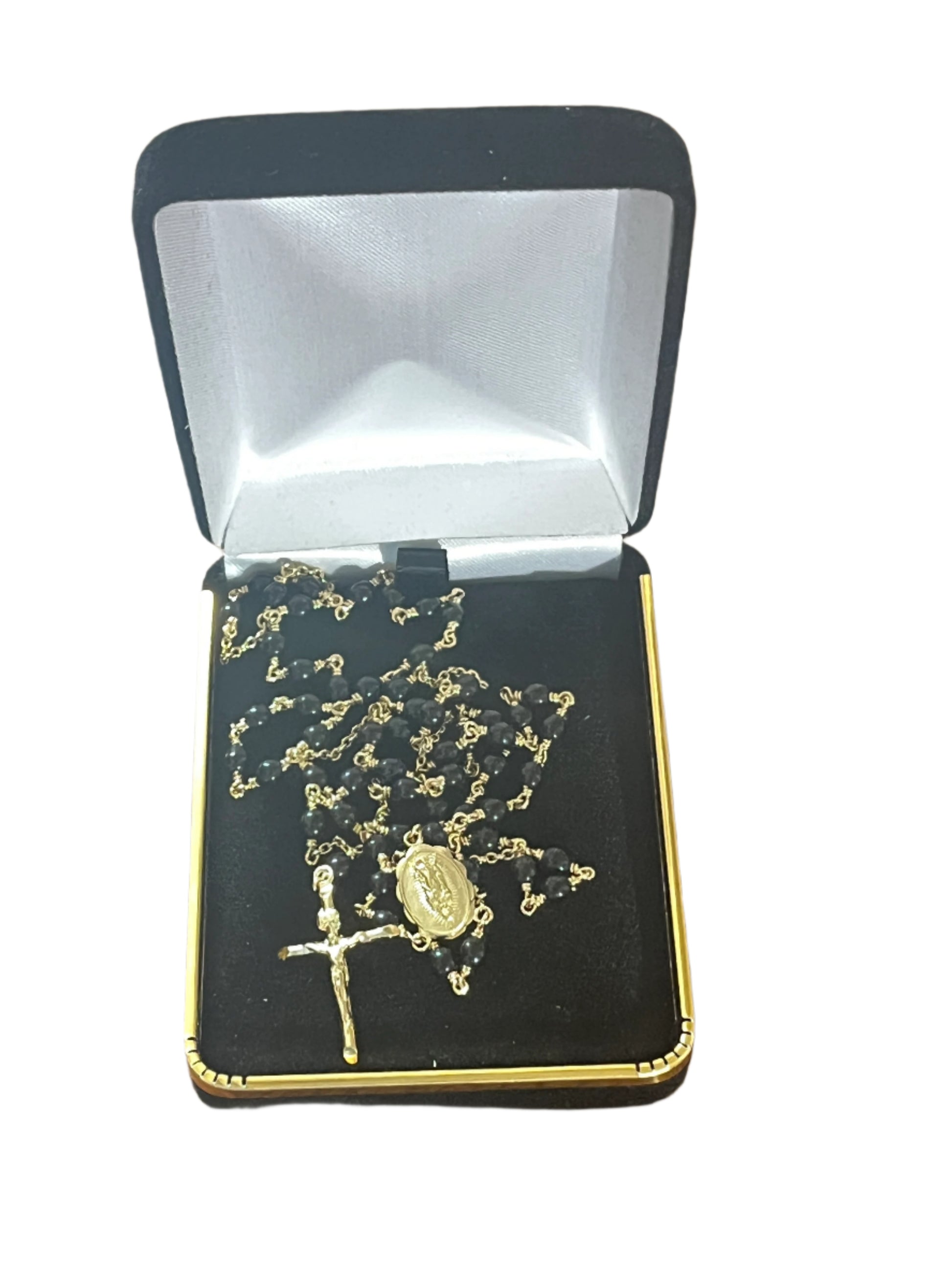 Yellow gold plated Our Lady of Guadalupe rosary necklace with black beads in black and gold jewelry box