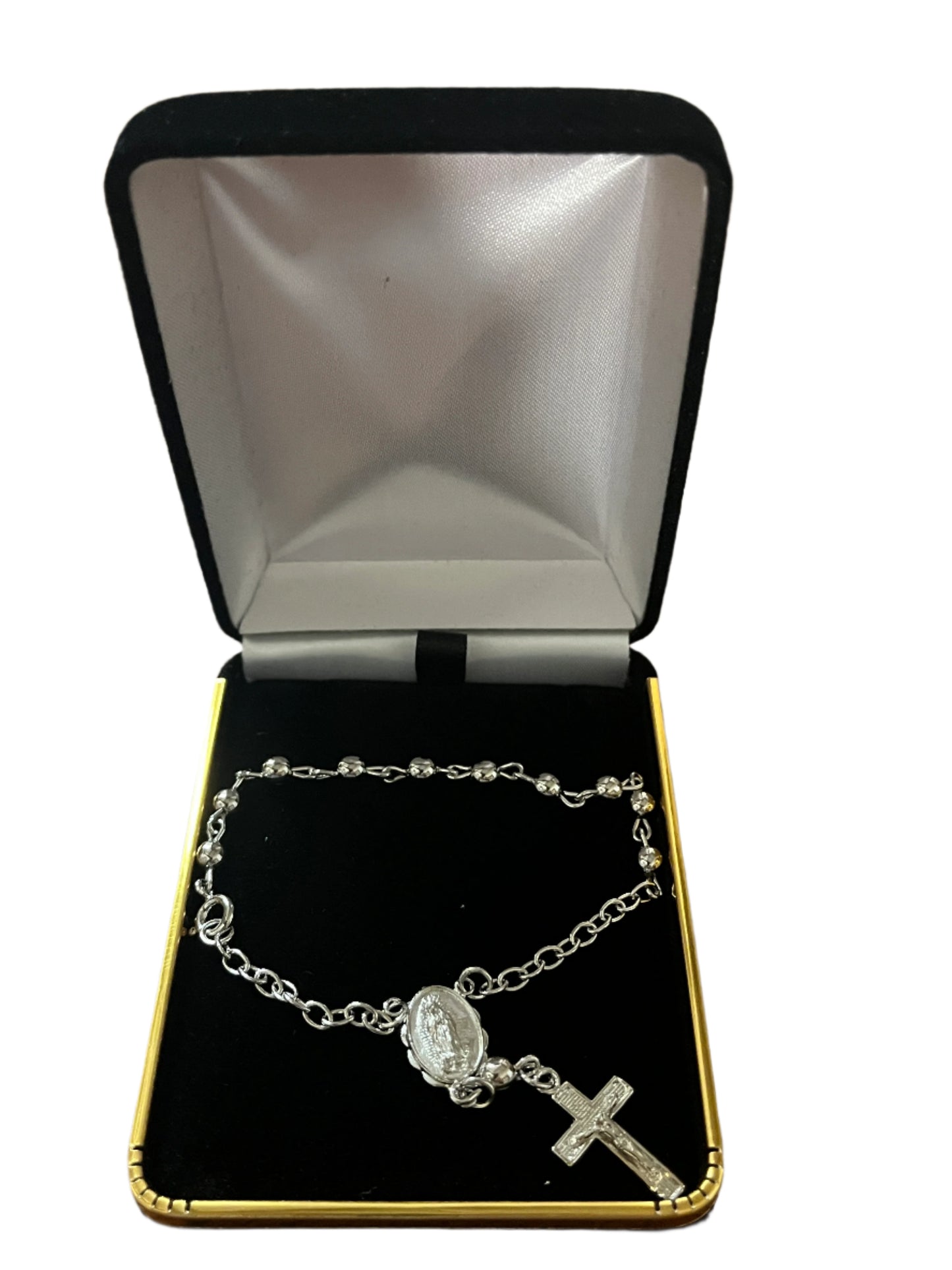 Rhodium plated brass rosary bracelet with Our Lady of Guadalupe medallion and crucifix in black velvet presentation box