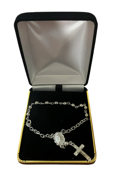 Rhodium plated brass rosary bracelet with Our Lady of Guadalupe medallion and crucifix in black velvet presentation box