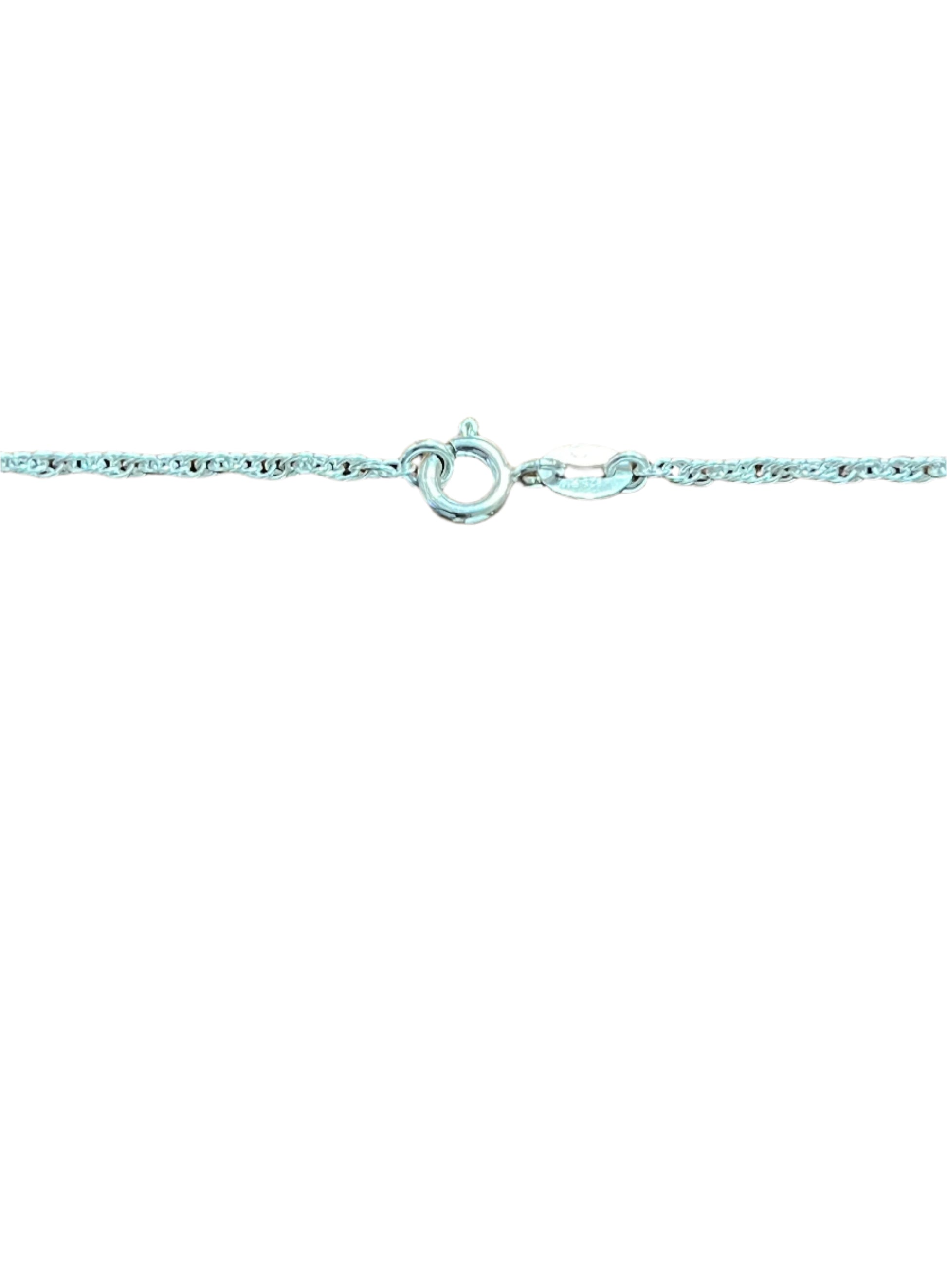 Close-up of sterling silver 2mm French rope chain with spring ring clasp on white background