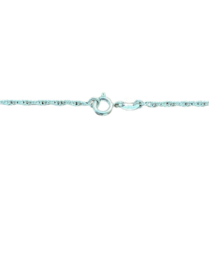 Close-up of sterling silver 2mm French rope chain with spring ring clasp on white background