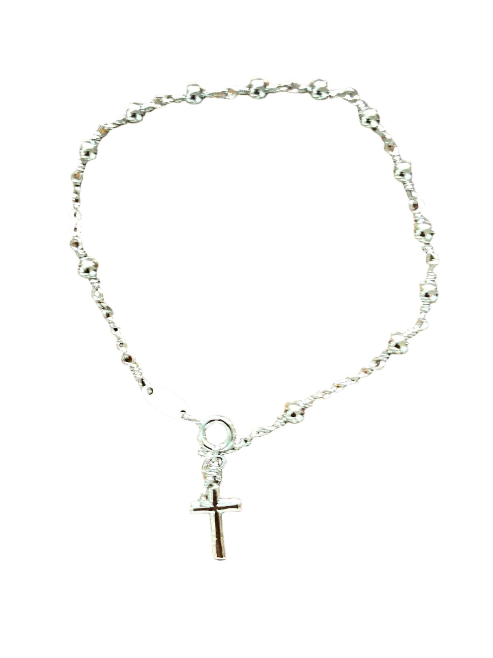 Rhodium plated brass rosary bracelet with small beads and cross charm on white background