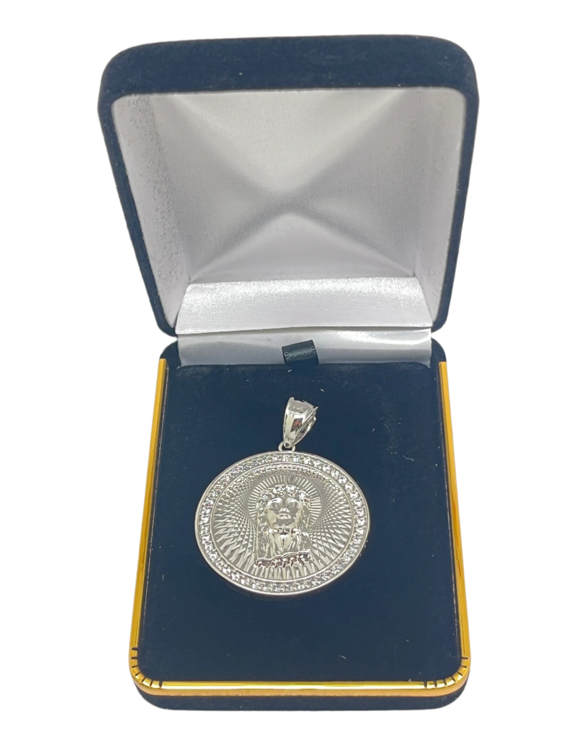 1 3/8" rhodium plated brass pendant featuring detailed Holy Face of Jesus in decorative black velvet gift box