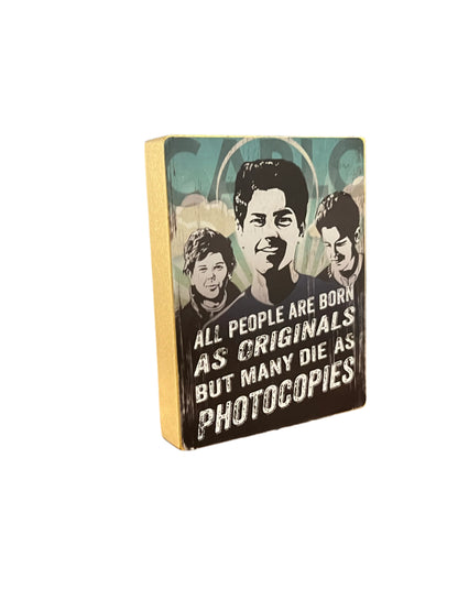 4.5" wooden block plaque with image of Carlo Acutis and quote "All People Are Born As Originals" in bold text