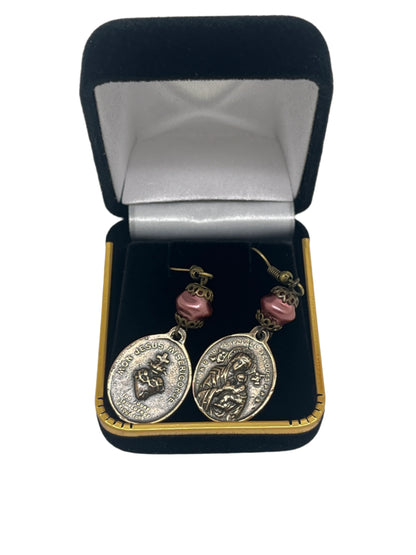 Our Lady of Perpetual Help bronze earrings with detailed medals and pink Czech pearl accents in black velvet gift box