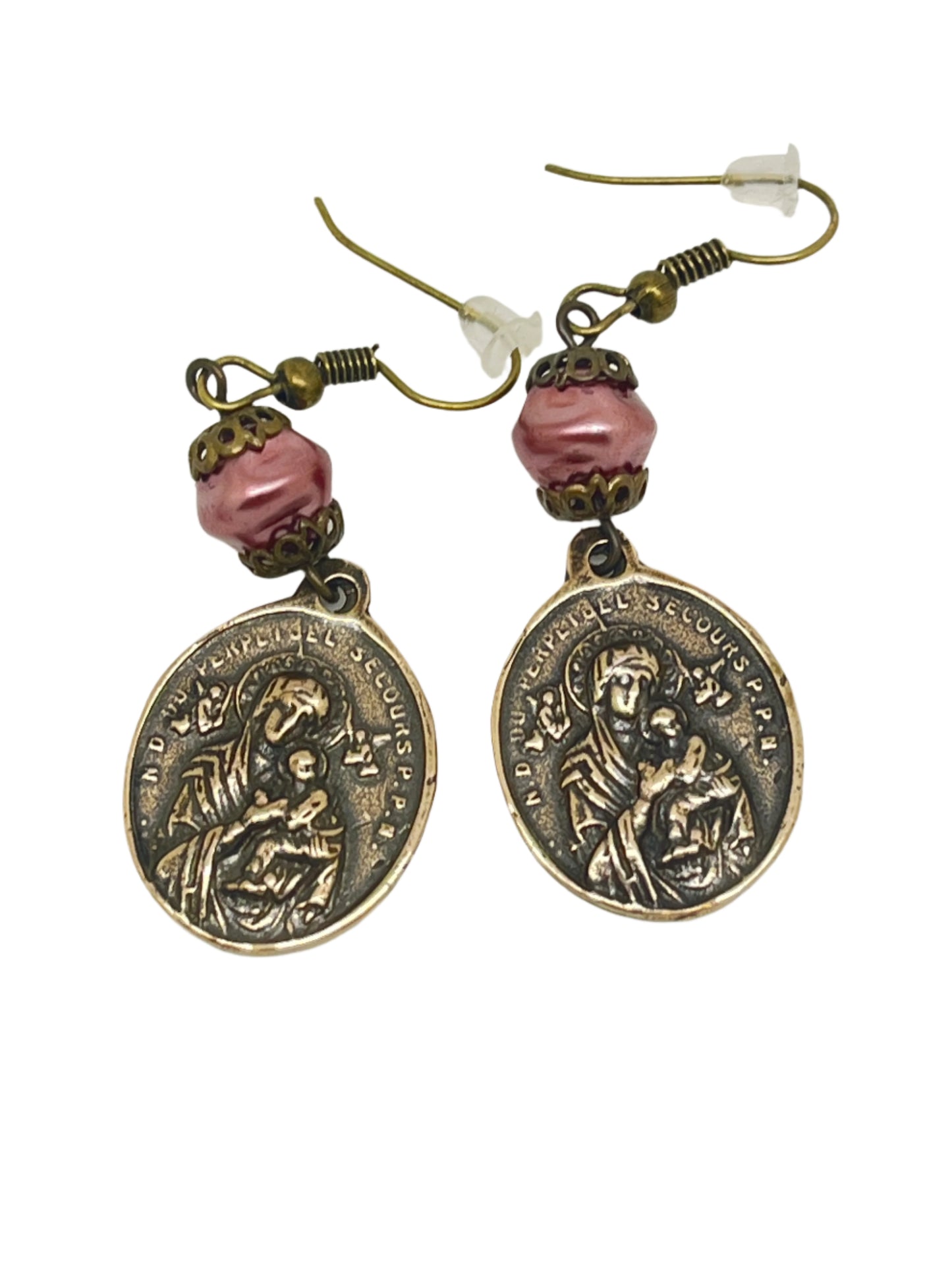 Our Lady of Perpetual Help bronze earrings with detailed medal charms and elegant pink Czech pearl dangles