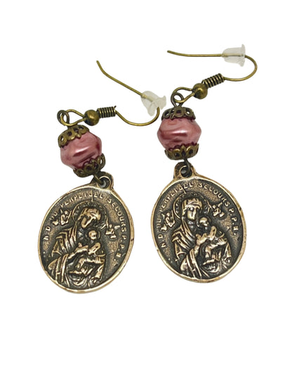 Our Lady of Perpetual Help bronze earrings with detailed medal charms and elegant pink Czech pearl dangles