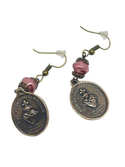 Bronze Our Lady of Perpetual Help earrings with detailed medal charms and pink Czech pearl accents, graceful dangle style