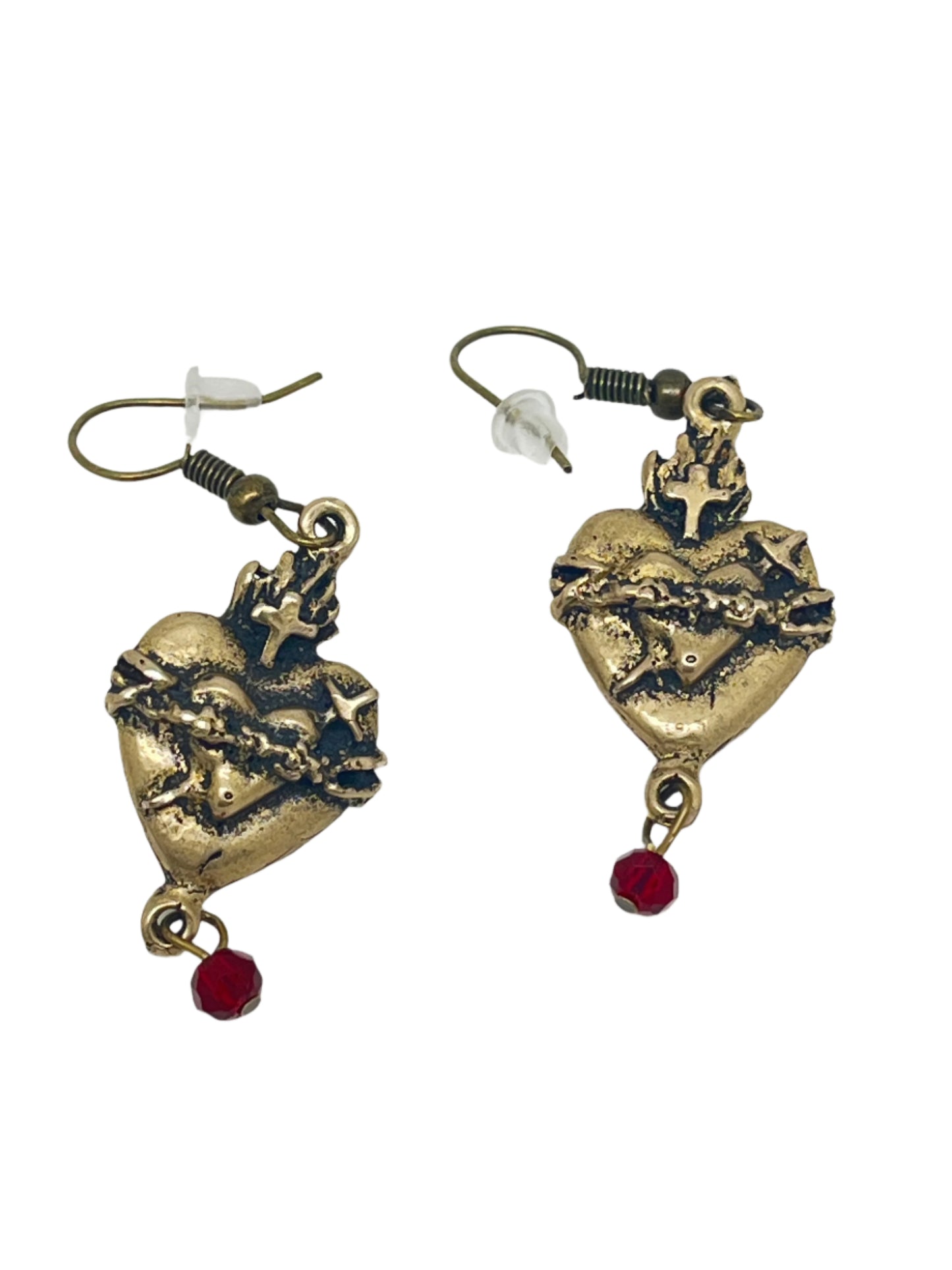 Sacred Hearts bronze earrings with detailed cross, crown of thorns design, and dangling red crystal bead accents