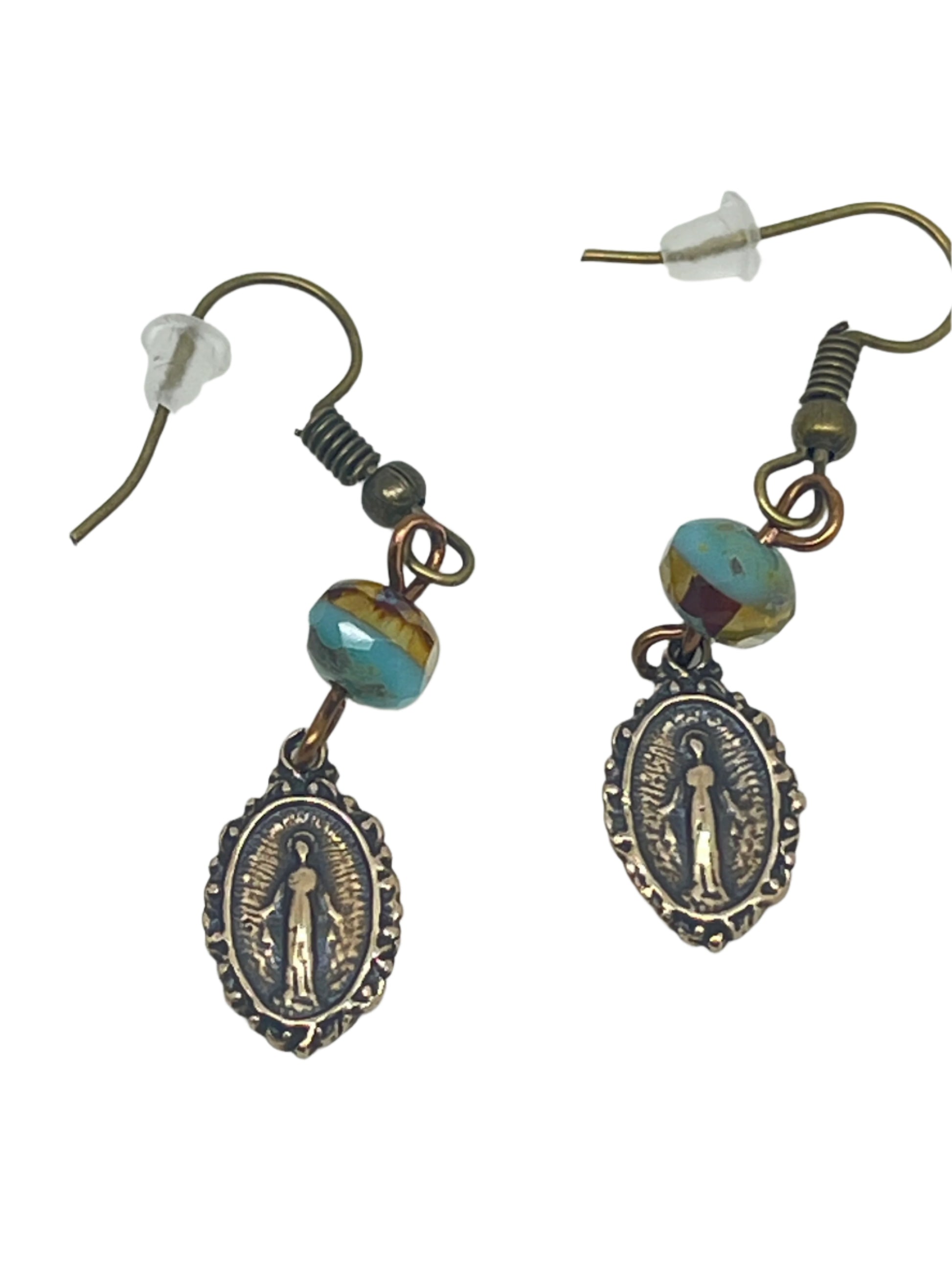 Brass Miraculous Medal earrings with turquoise Czech pearl beads, featuring detailed religious medal charms and hook backs