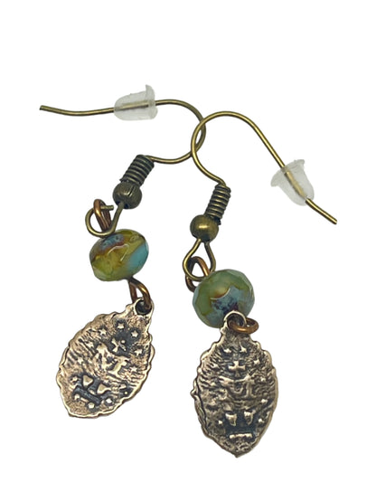 Brass Miraculous Medal earrings with blue turquoise Czech pearls and fishhook wires, lightweight and detailed religious design