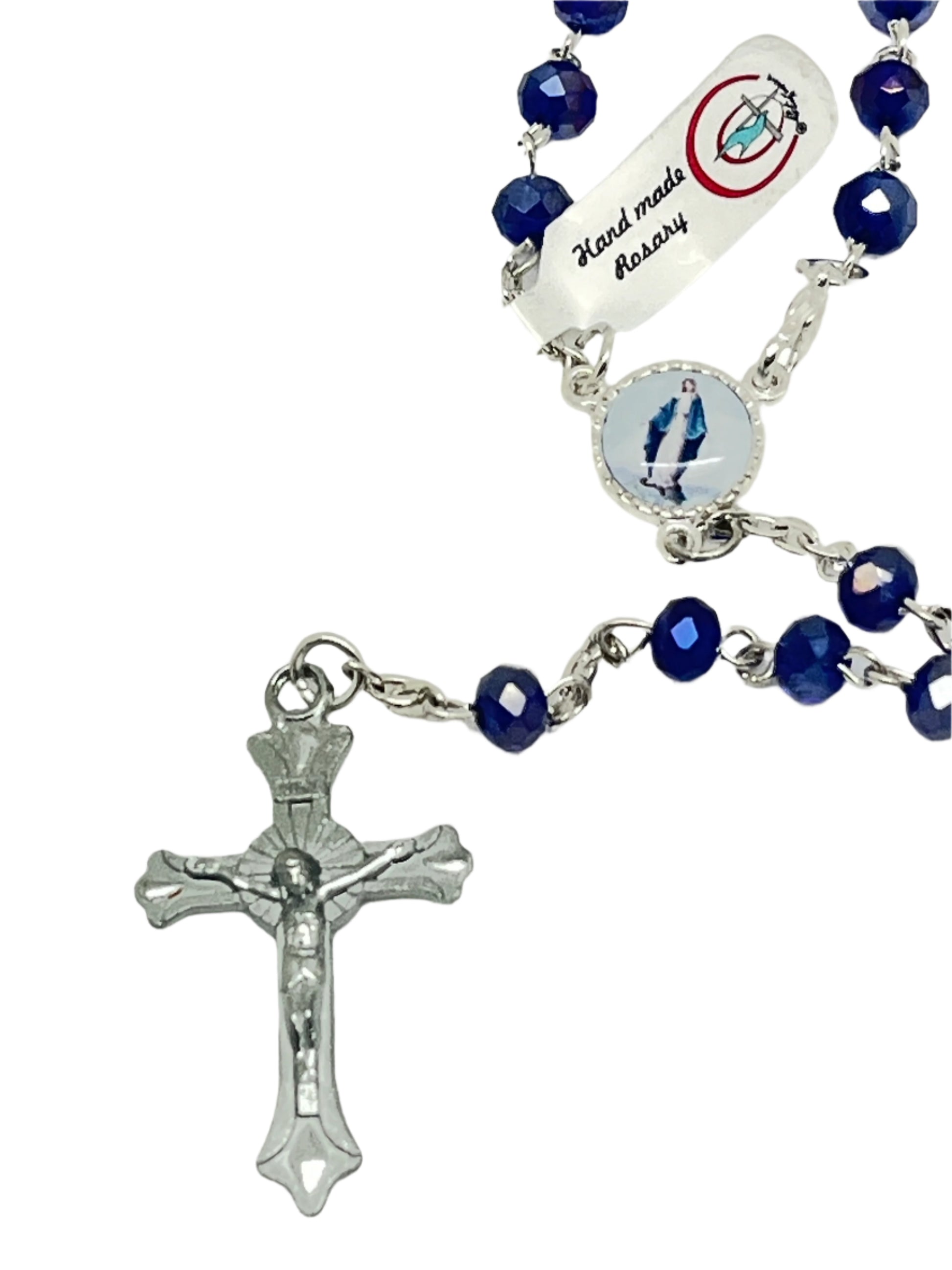 5mm blue crystal rosary with silver crucifix and round Our Lady of Grace centerpiece, handmade detailed beads