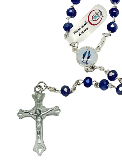 5mm blue crystal rosary with silver crucifix and round Our Lady of Grace centerpiece, handmade detailed beads