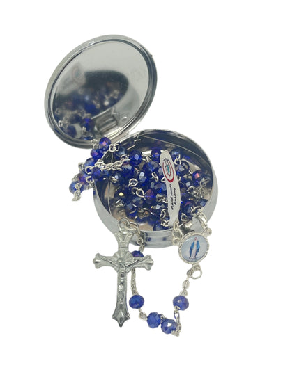 Italian Our Lady of Grace round silver metal box with 5mm blue crystal rosary featuring crucifix and medallion detail