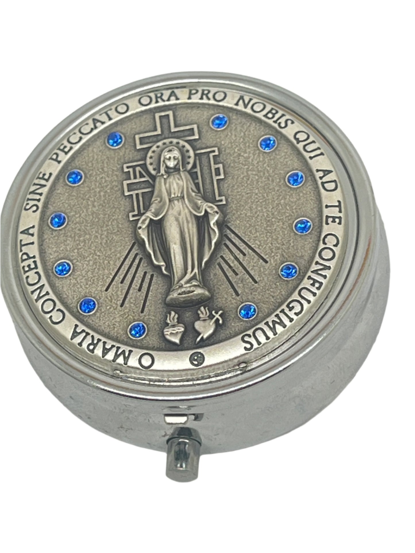 Italian round metal box with Our Lady of Grace relief, surrounded by blue crystals and Latin inscription around edge