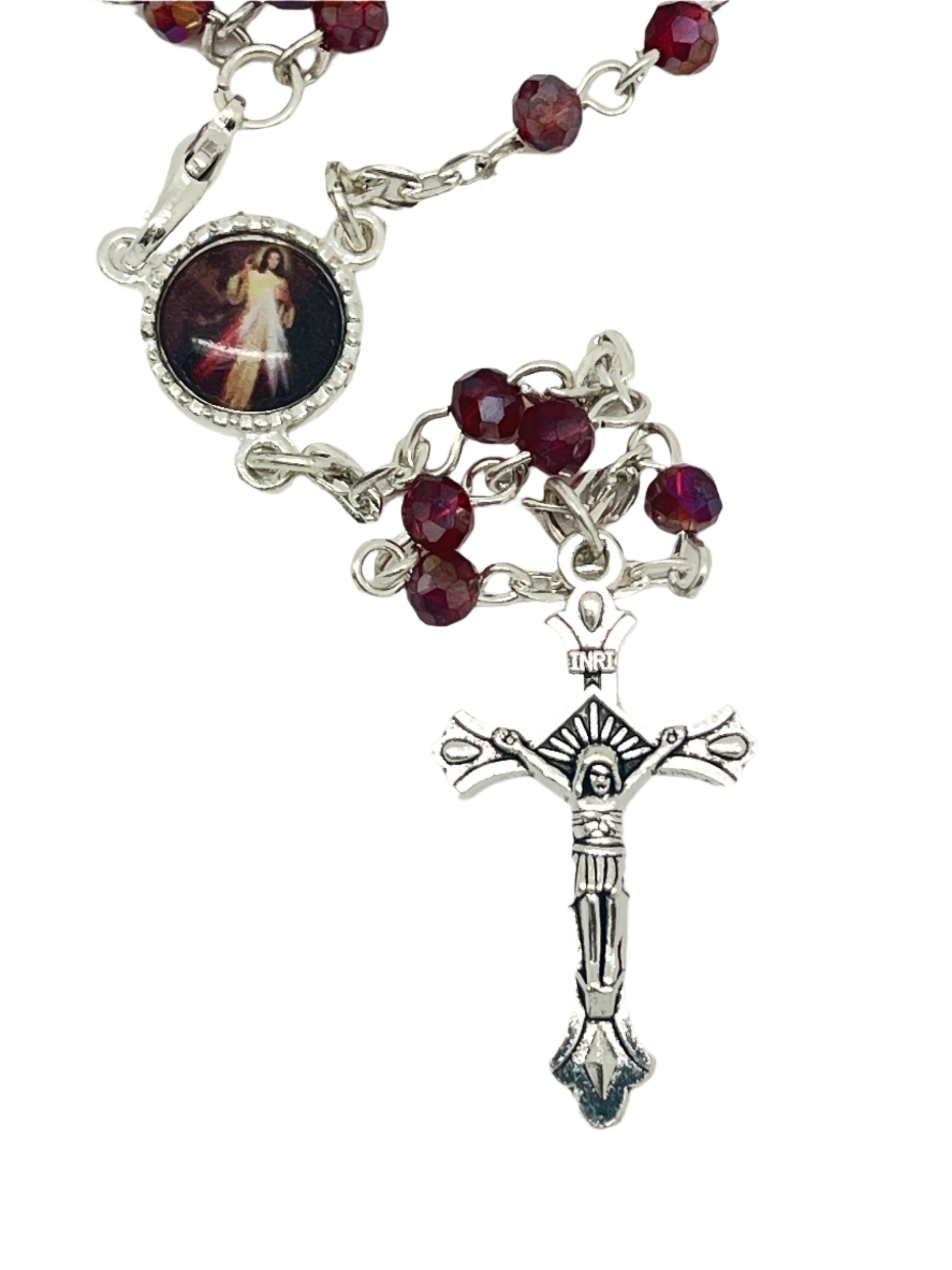 Red 4mm Divine Mercy Italian rosary with silver crucifix and detailed Divine Mercy image centerpiece