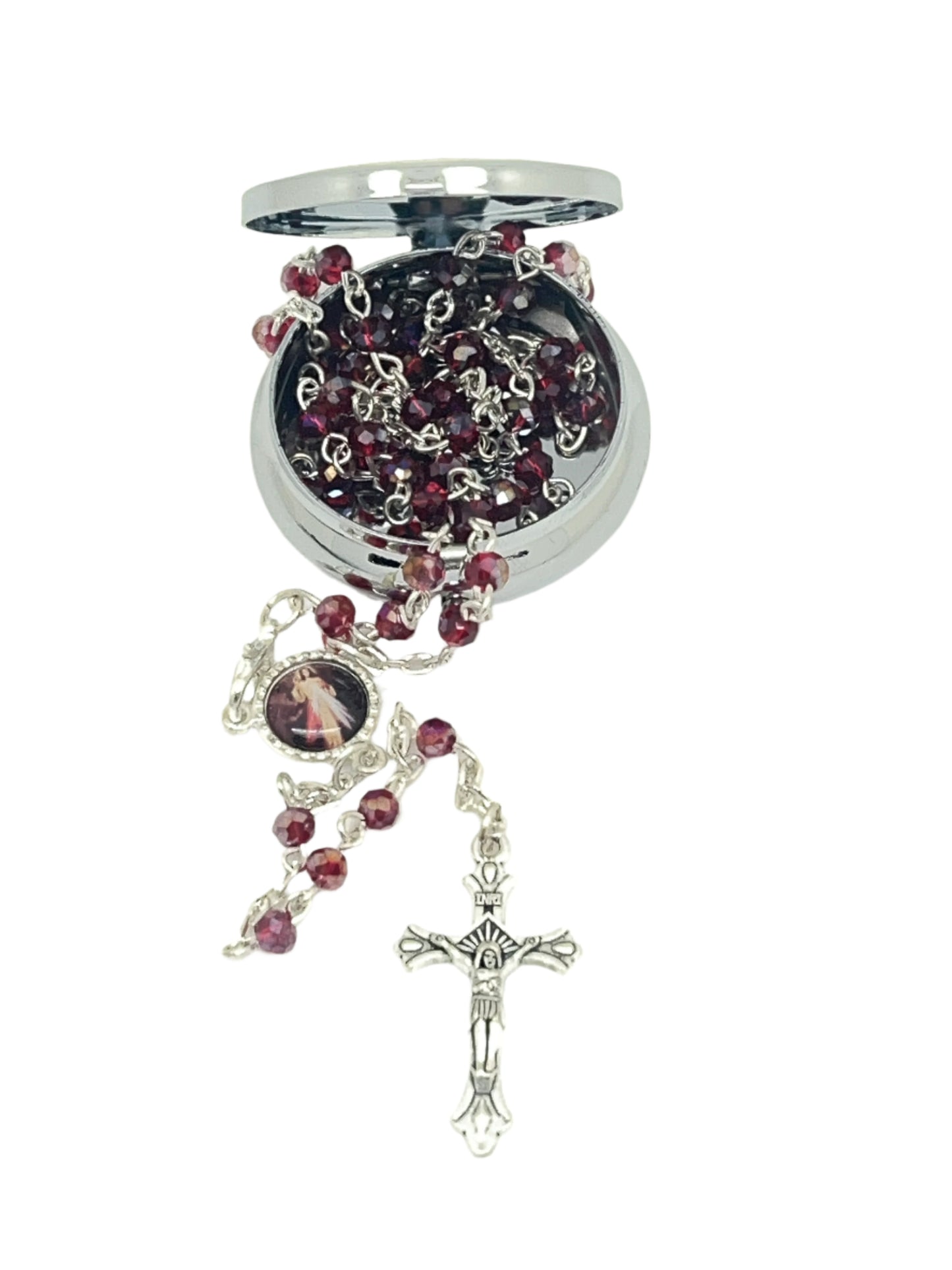 4mm red Divine Mercy Italian rosary with silver crucifix in round metal box, compact and handcrafted for prayer on the go