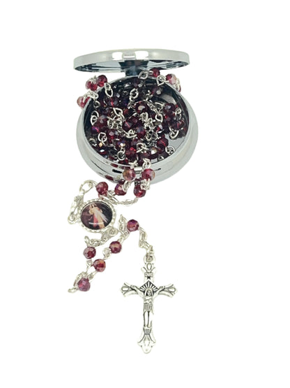4mm red Divine Mercy Italian rosary with silver crucifix in round metal box, compact and handcrafted for prayer on the go