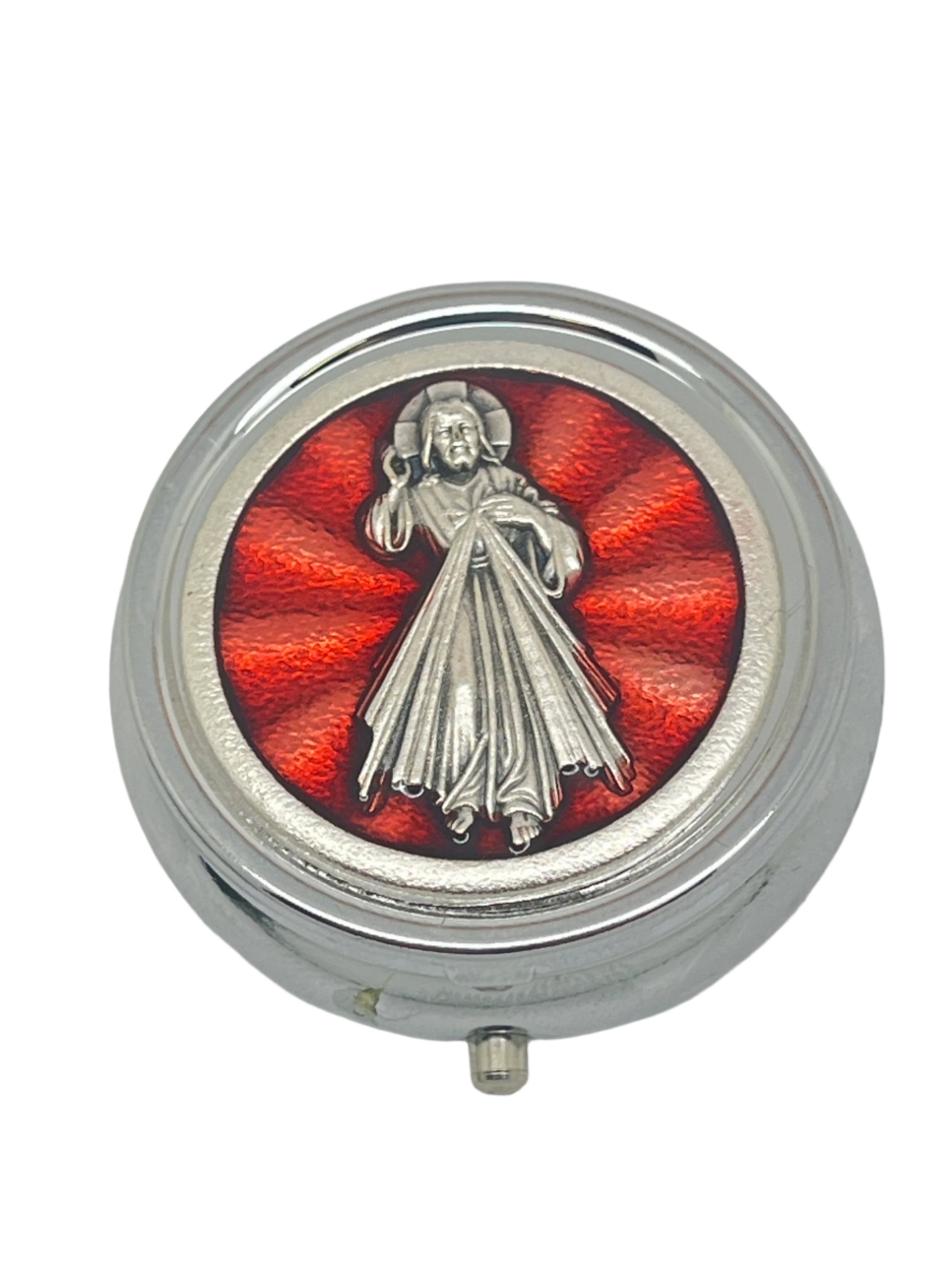 Round silver Italian metal box with detailed Divine Mercy image on red enamel background, compact and ornate design