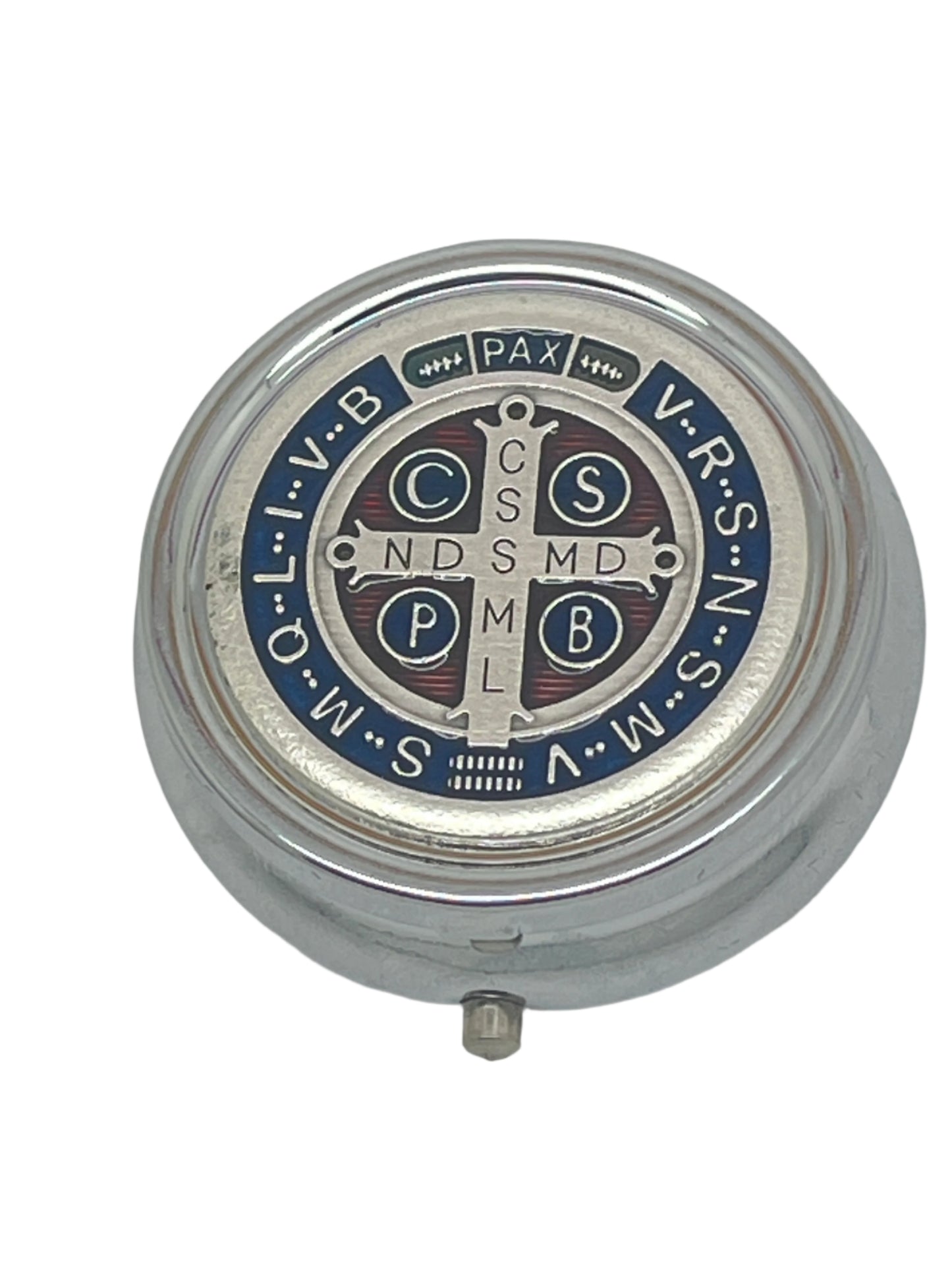 4" round metal Saint Benedict box with detailed blue and red enamel and engraved cross design on lid