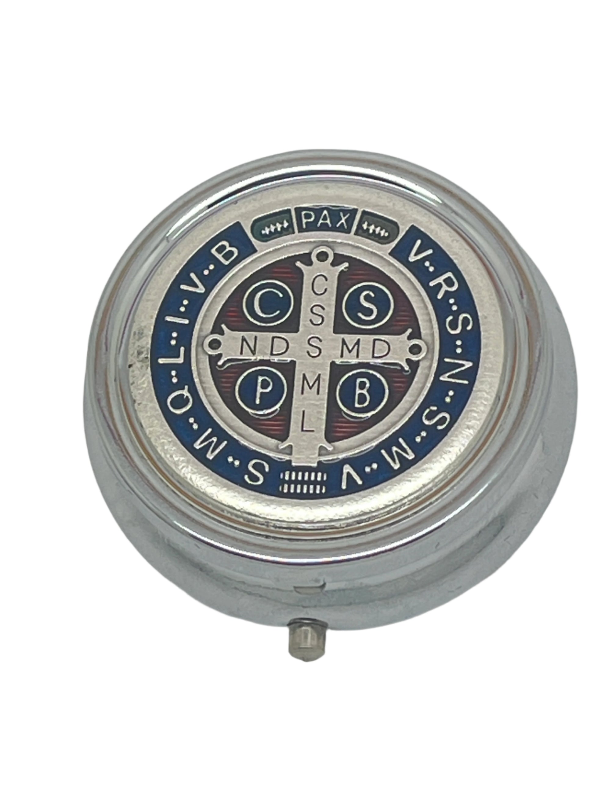 4" round metal Saint Benedict box with detailed blue and red enamel and engraved cross design on lid